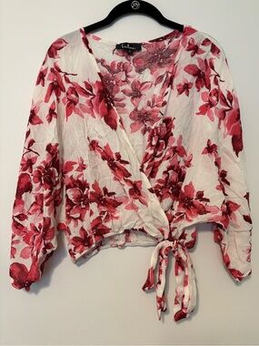 Cream and Pink Floral Print Surplice Top